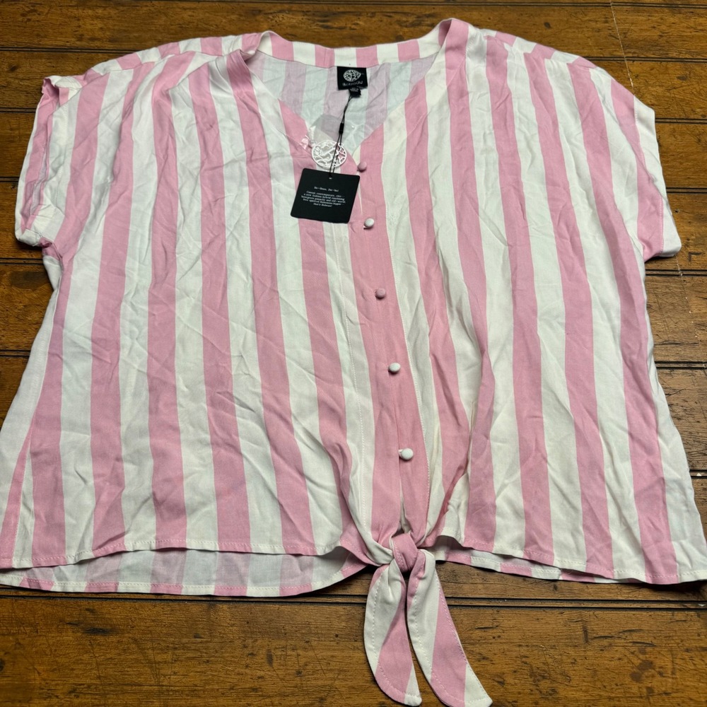 BoBeau Pink White Stripe V‎ Neck Short Sleeve Tie Front Shirt Top XL